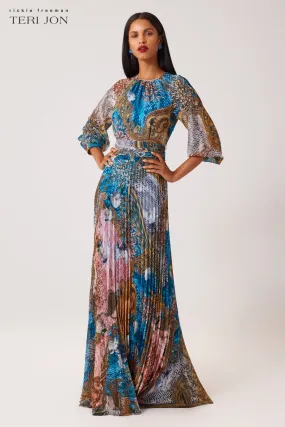 Chiffon Paisley Pleated Maxi Gown