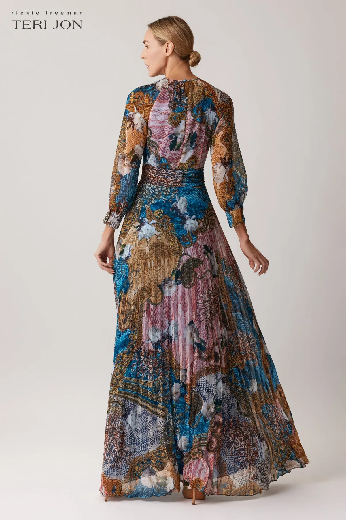 Chiffon Paisley Pleated Maxi Gown