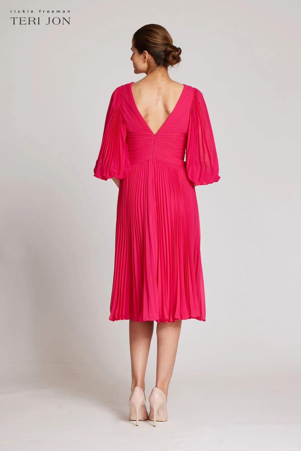 Chiffon V Neck Pleated Full Sleeve Dress