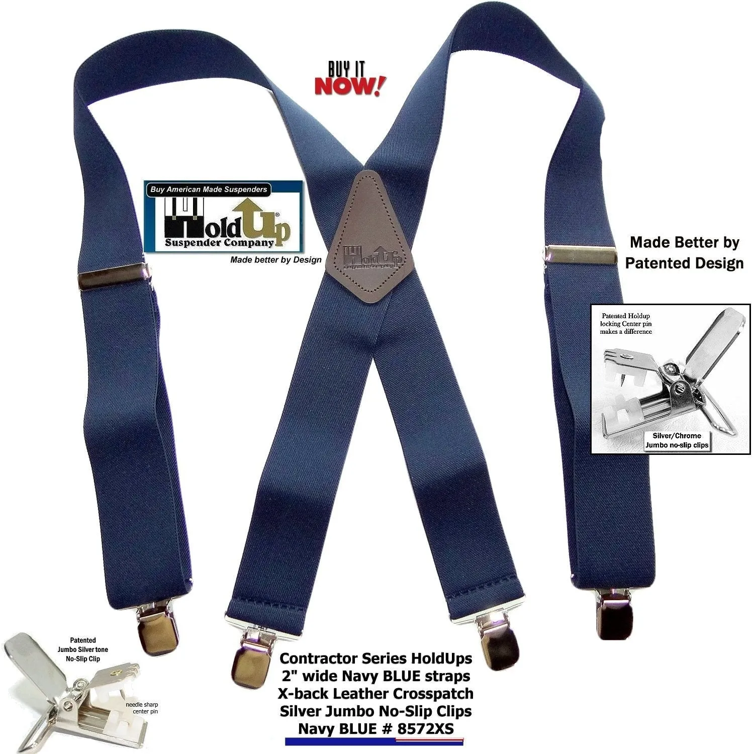 Contractor Series Holdup Navy Blue wide work Suspenders with Jumbo Silver-tone No-slip Clips