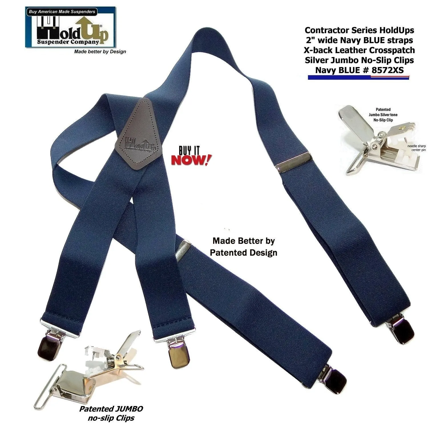 Contractor Series Holdup Navy Blue wide work Suspenders with Jumbo Silver-tone No-slip Clips