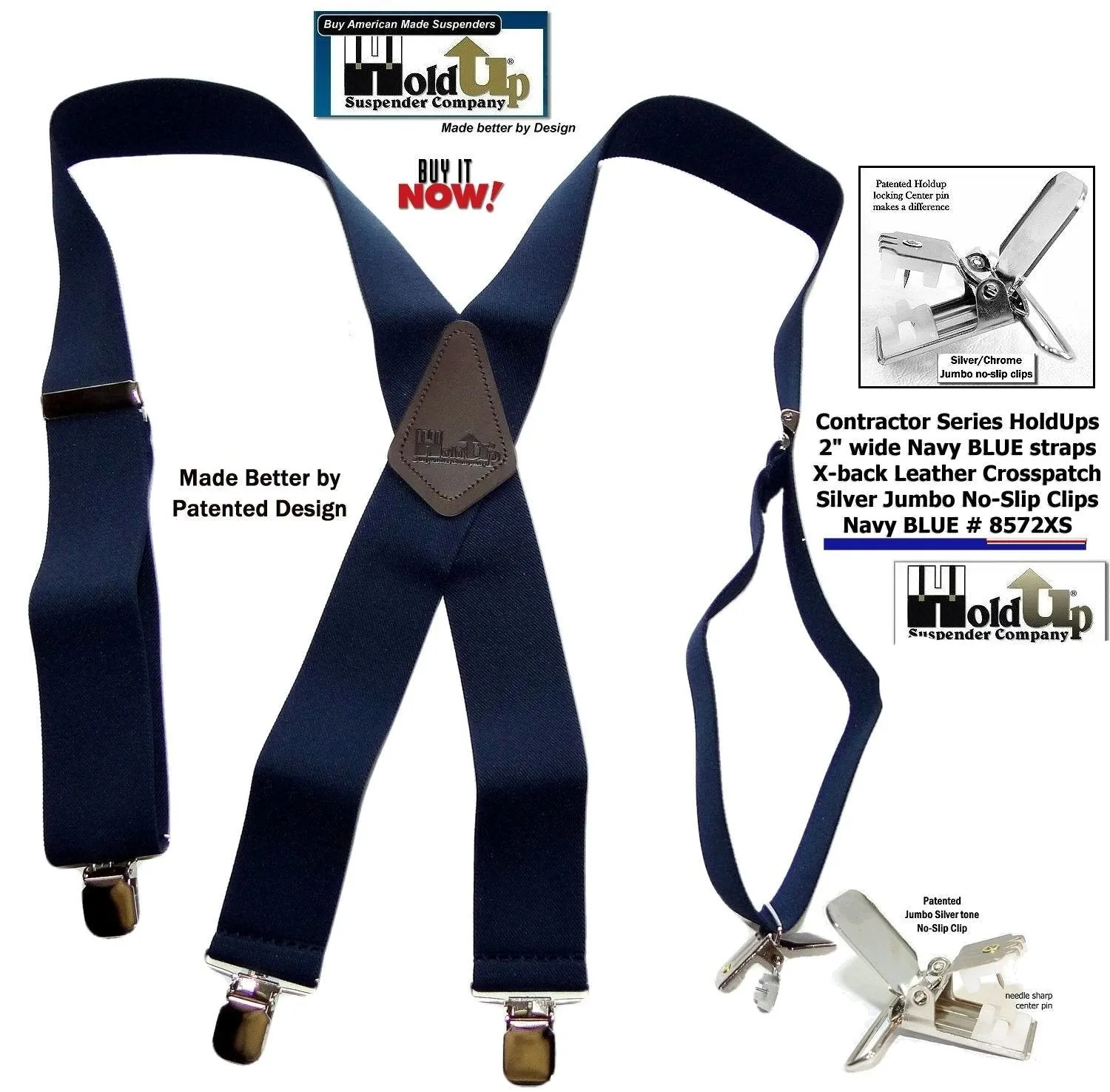 Contractor Series Holdup Navy Blue wide work Suspenders with Jumbo Silver-tone No-slip Clips