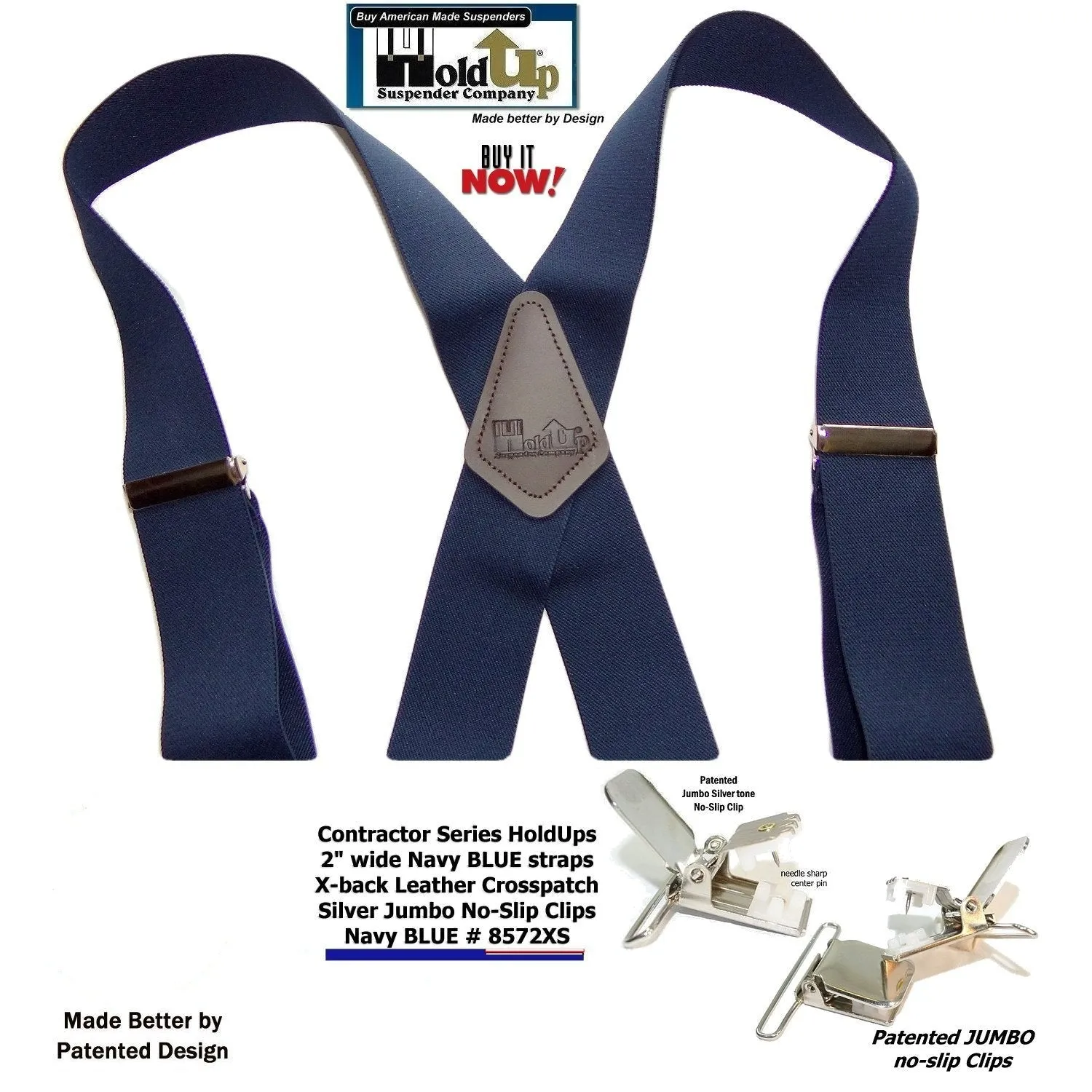 Contractor Series Holdup Navy Blue wide work Suspenders with Jumbo Silver-tone No-slip Clips