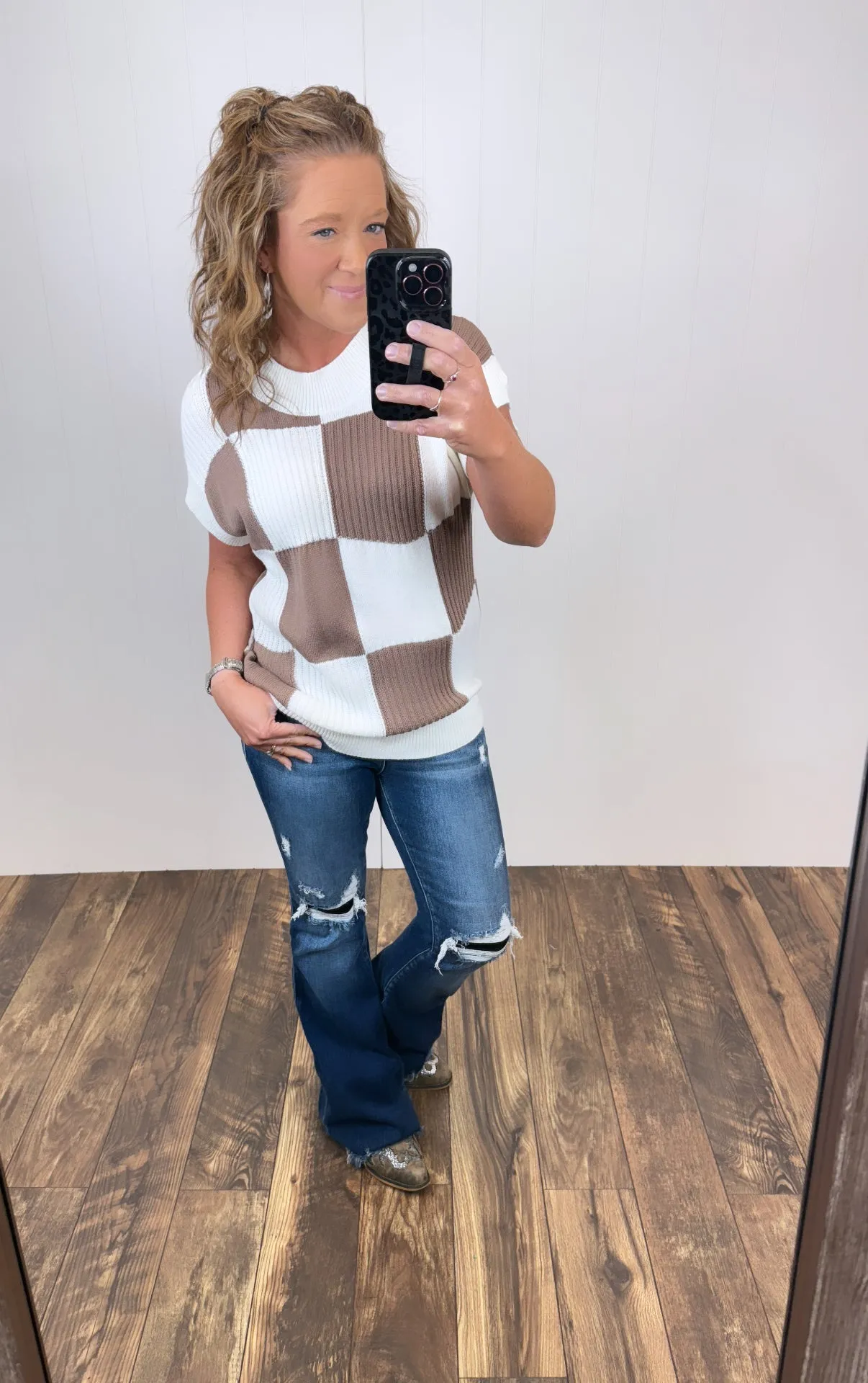 Cream Mocha Checkered Short Sleeve Sweater (SM-XL)