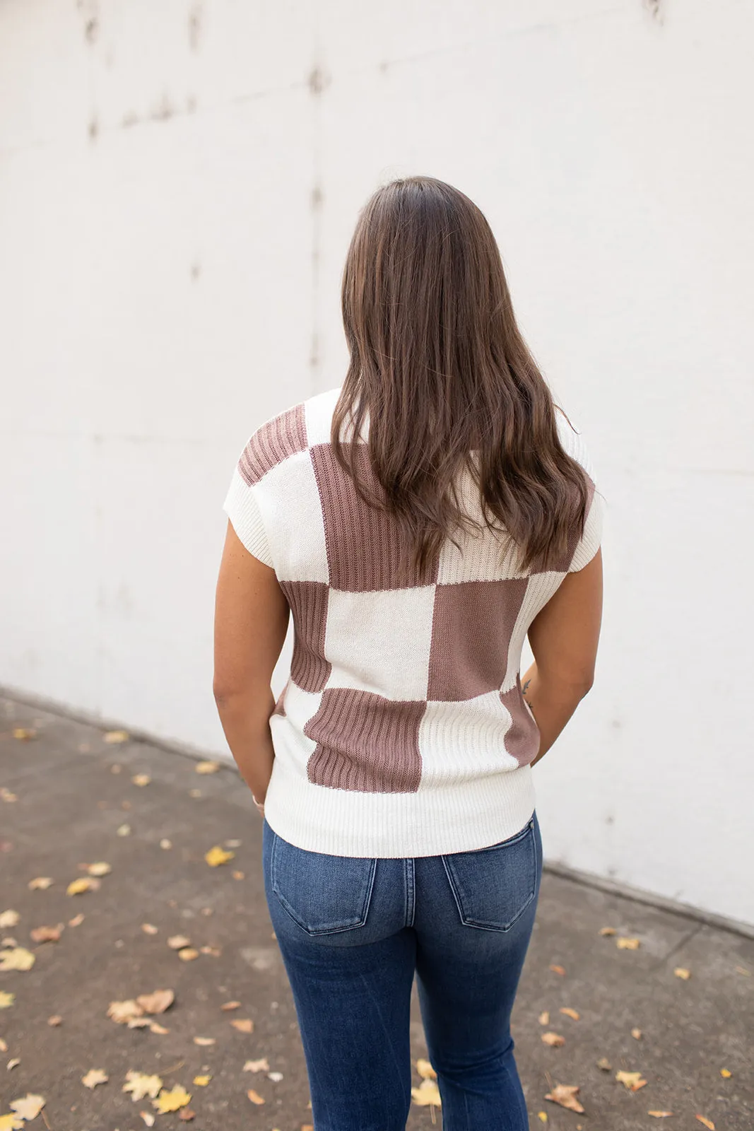 Cream Mocha Checkered Short Sleeve Sweater (SM-XL)