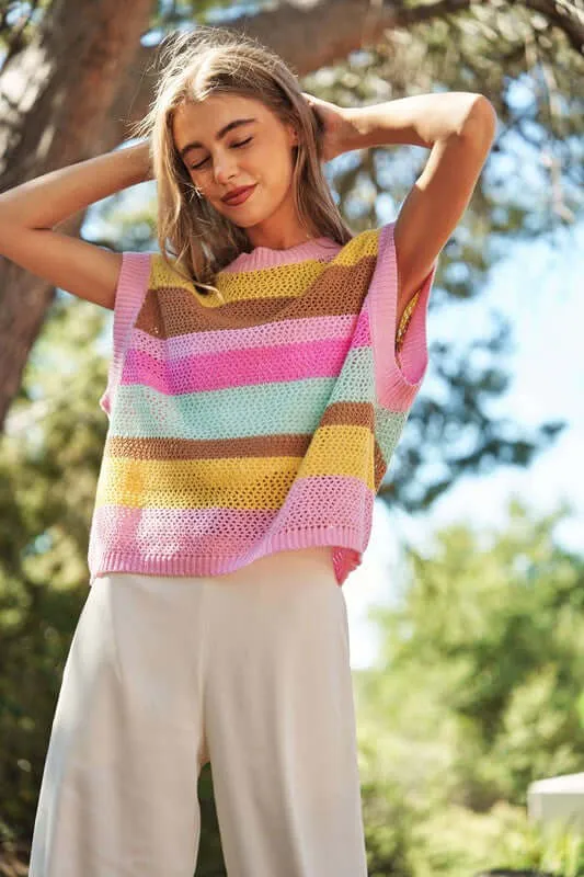 Crochet Multi Striped Pullover Knit Sweater