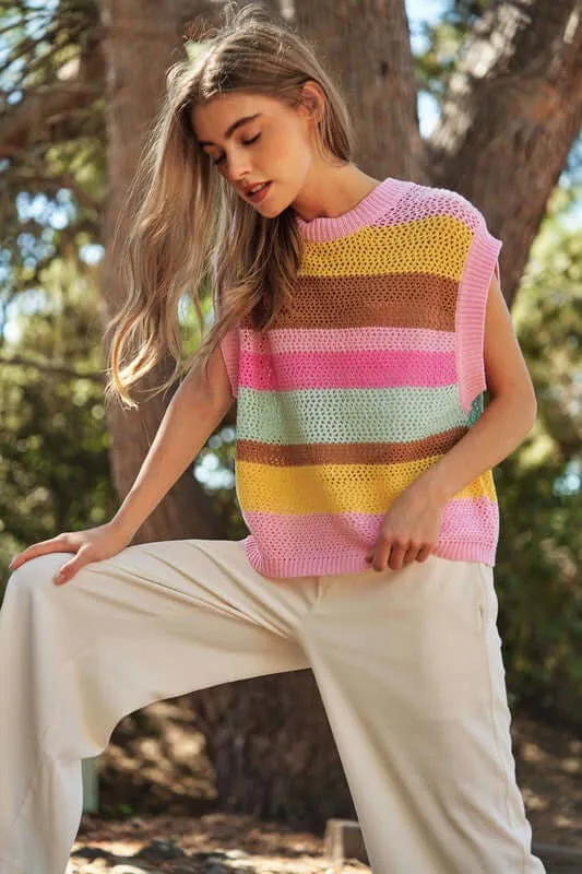 Crochet Multi Striped Pullover Knit Sweater