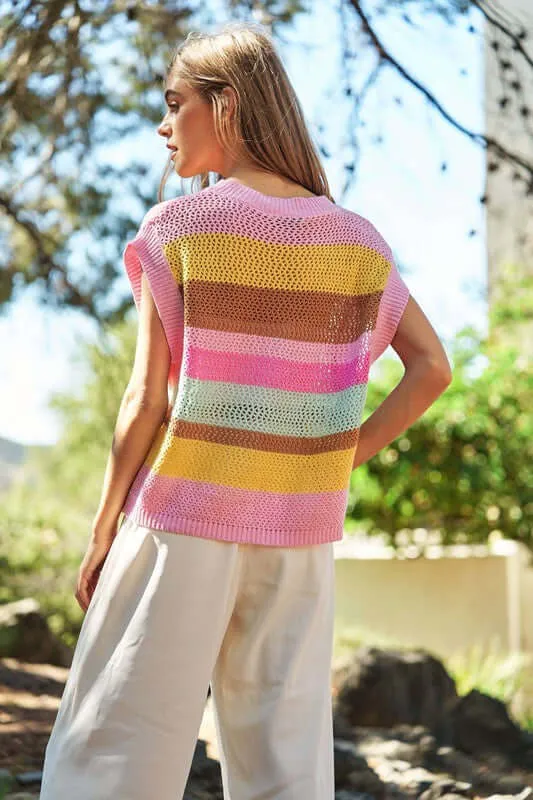 Crochet Multi Striped Pullover Knit Sweater