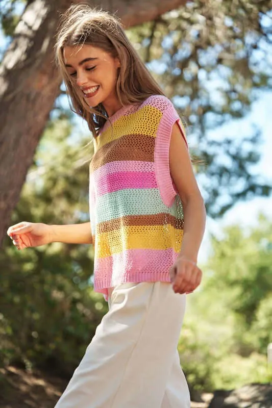 Crochet Multi Striped Pullover Knit Sweater