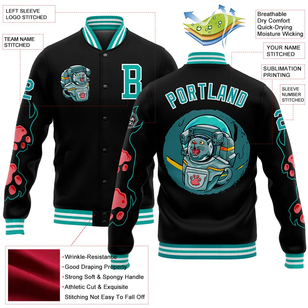 Custom Black Aqua-White Seated Cat 3D Pattern Design Bomber Full-Snap Varsity Letterman Jacket