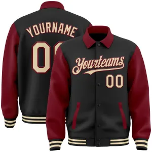 Custom Black Cream-Crimson Bomber Full-Snap Varsity Letterman Two Tone Lapel Collar Byron Jacket