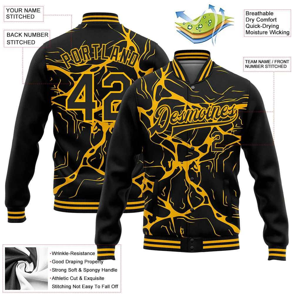 Custom Black Gold Abstract Network 3D Pattern Design Bomber Full-Snap Varsity Letterman Jacket