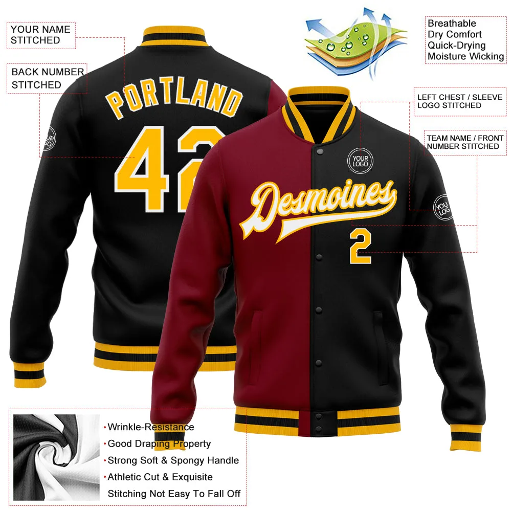 Custom Black Gold-Crimson Bomber Full-Snap Varsity Letterman Split Fashion Jacket