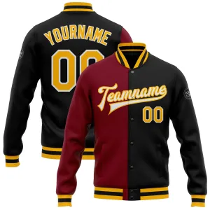 Custom Black Gold-Crimson Bomber Full-Snap Varsity Letterman Split Fashion Jacket