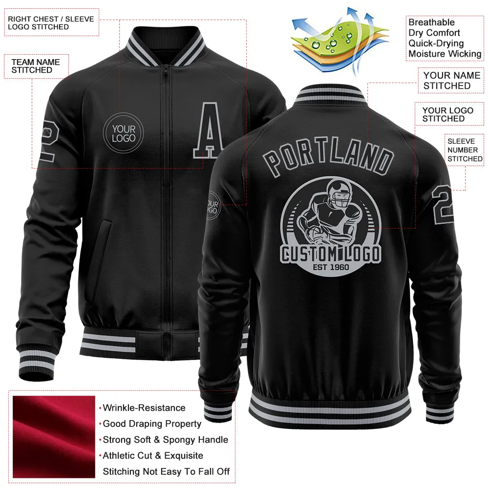 Custom Black Gray Bomber Varsity Letterman Zipper Jacket