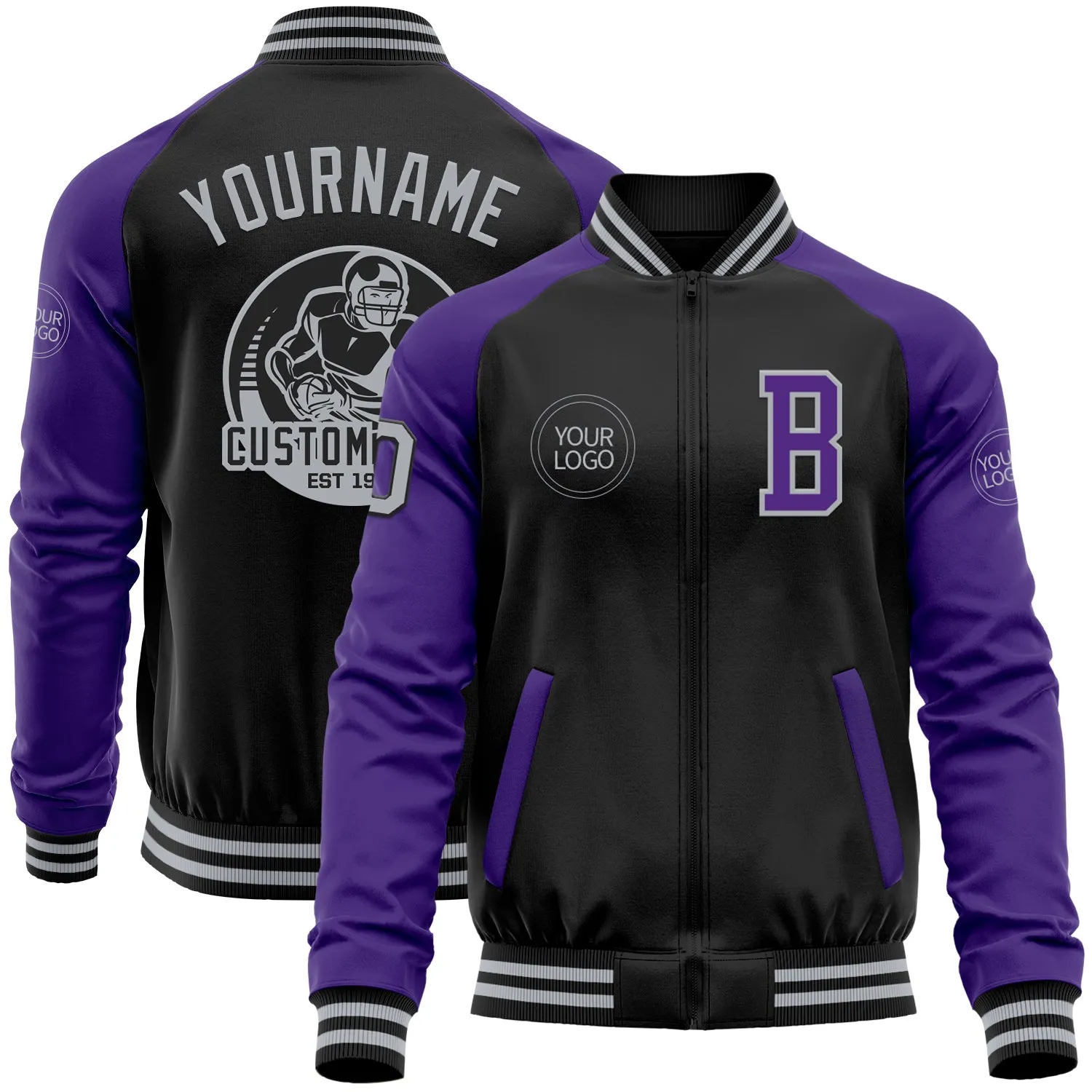 Custom Black Gray-Purple Bomber Varsity Letterman Two Tone Zipper Jacket