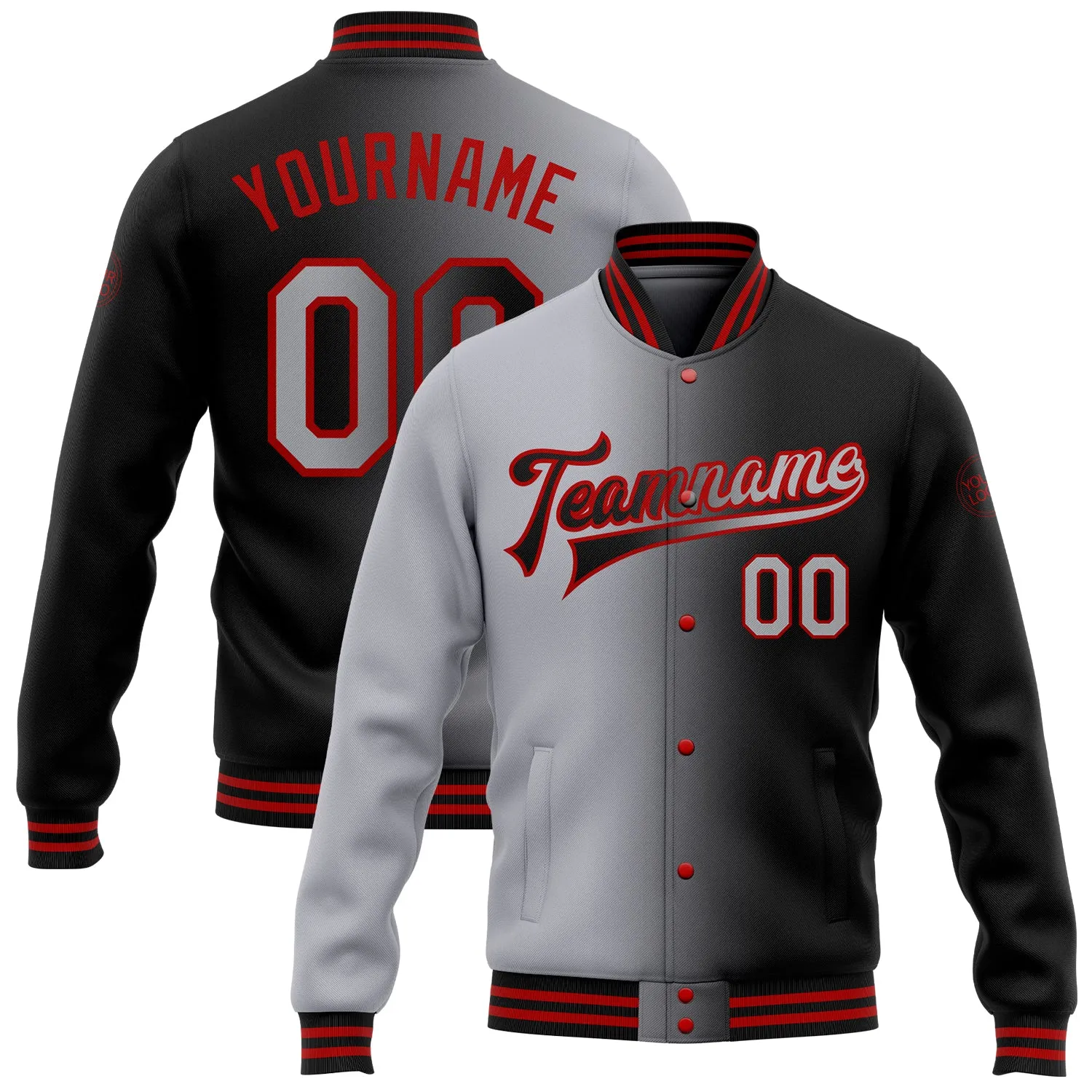 Custom Black Gray-Red Bomber Full-Snap Varsity Letterman Gradient Fashion Jacket