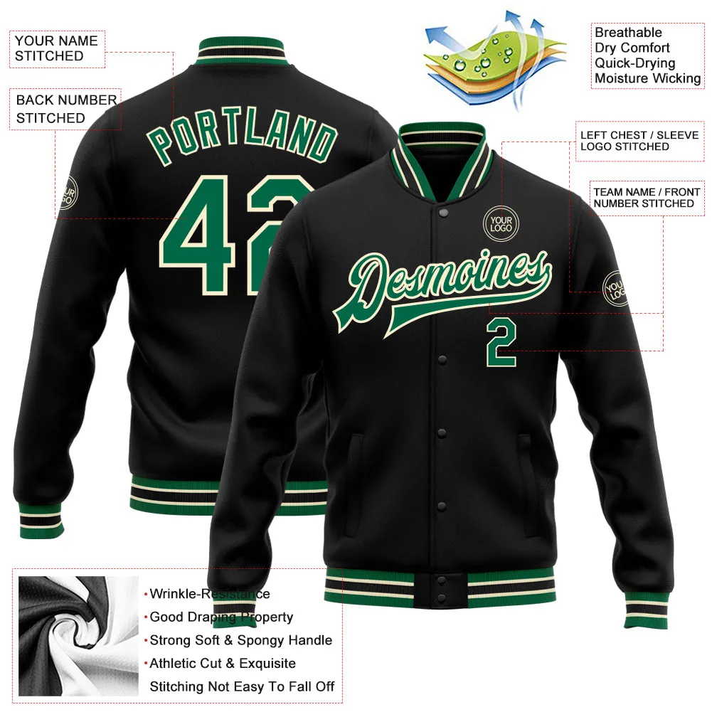 Custom Black Kelly Green-Cream Bomber Full-Snap Varsity Letterman Jacket