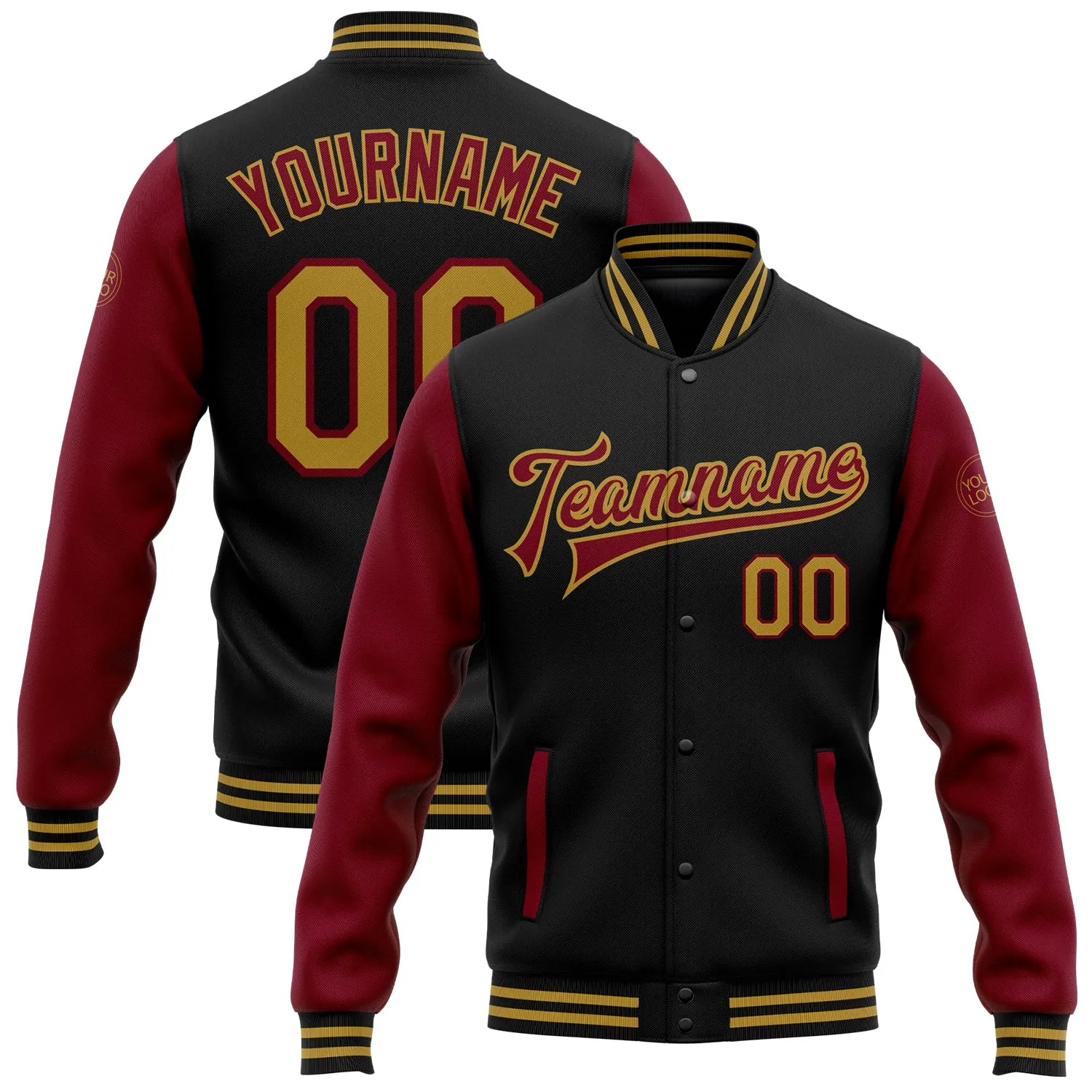 Custom Black Old Gold-Crimson Bomber Full-Snap Varsity Letterman Two Tone Jacket