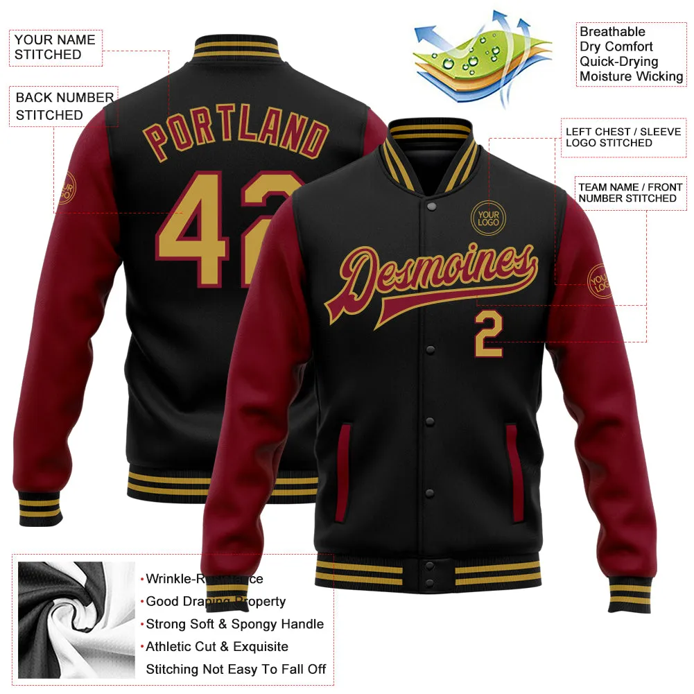 Custom Black Old Gold-Crimson Bomber Full-Snap Varsity Letterman Two Tone Jacket