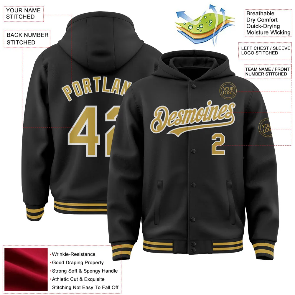 Custom Black Old Gold-White Bomber Full-Snap Varsity Letterman Hoodie Jacket