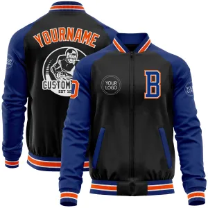 Custom Black Orange-Royal Bomber Varsity Letterman Two Tone Zipper Jacket