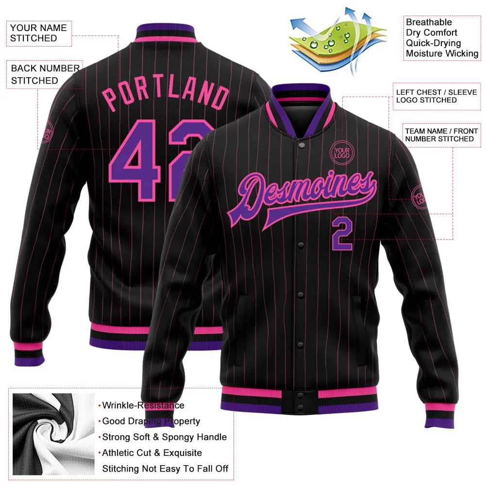 Custom Black Pink Pinstripe Purple Bomber Full-Snap Varsity Letterman Jacket