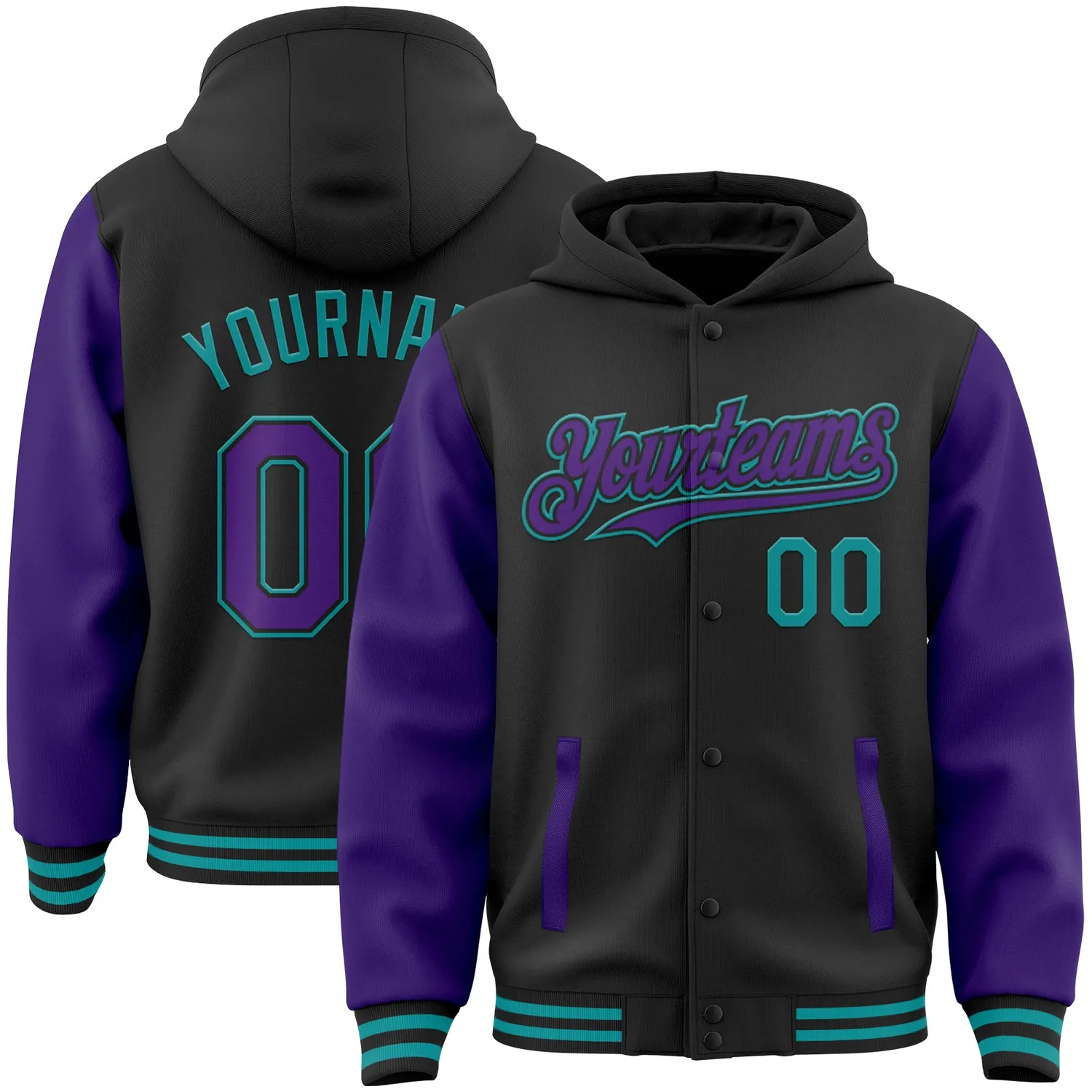 Custom Black Purple-Teal Bomber Full-Snap Varsity Letterman Two Tone Hoodie Jacket