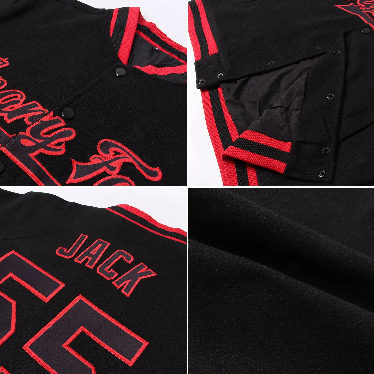 Custom Black Red Pinstripe Cream Bomber Full-Snap Varsity Letterman Jacket