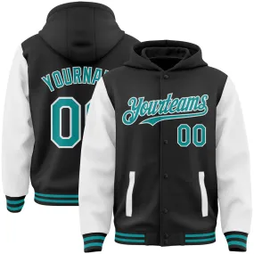 Custom Black Teal-White Bomber Full-Snap Varsity Letterman Two Tone Hoodie Jacket