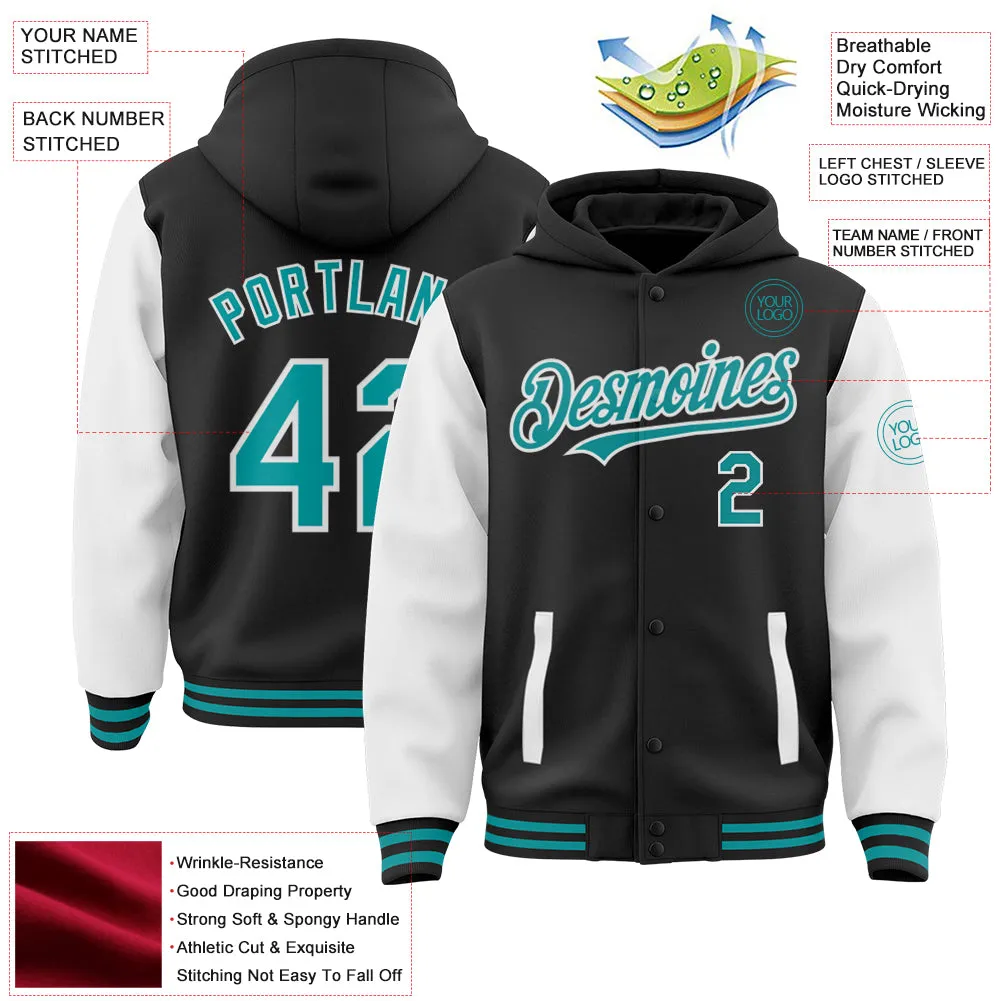 Custom Black Teal-White Bomber Full-Snap Varsity Letterman Two Tone Hoodie Jacket