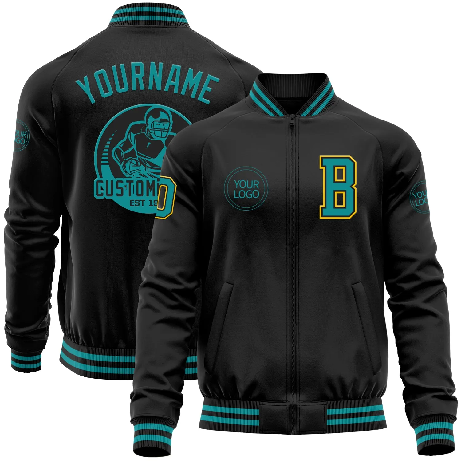 Custom Black Teal-Yellow Bomber Varsity Letterman Zipper Jacket