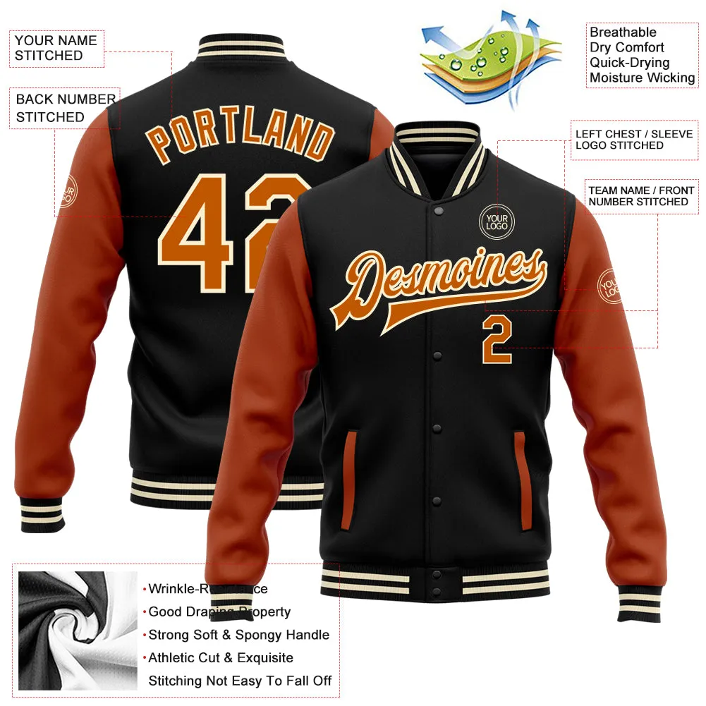 Custom Black Texas Orange-Cream Bomber Full-Snap Varsity Letterman Two Tone Jacket