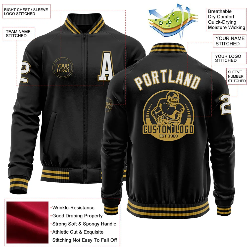 Custom Black White-Old Gold Bomber Varsity Letterman Zipper Jacket