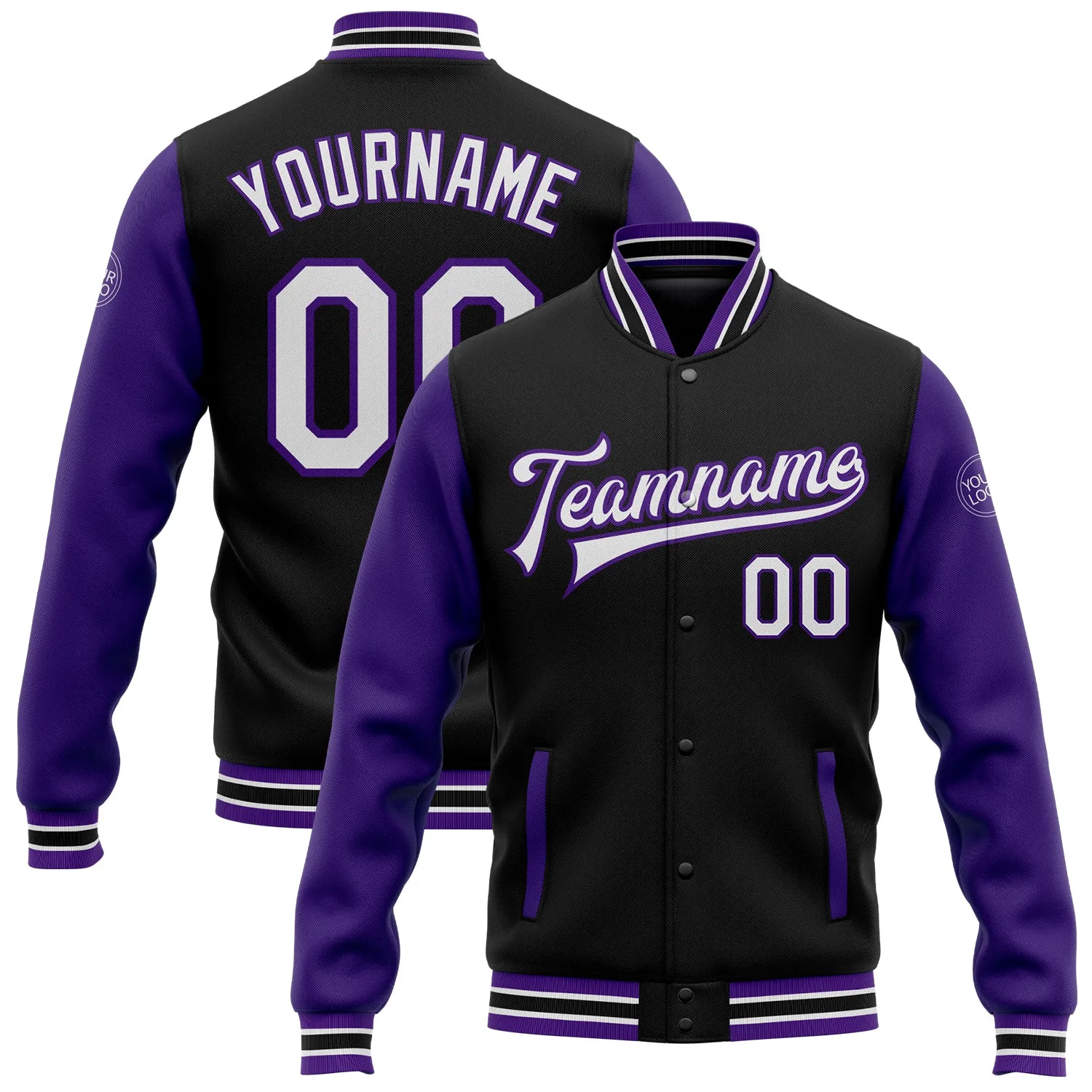 Custom Black White-Purple Bomber Full-Snap Varsity Letterman Two Tone Jacket