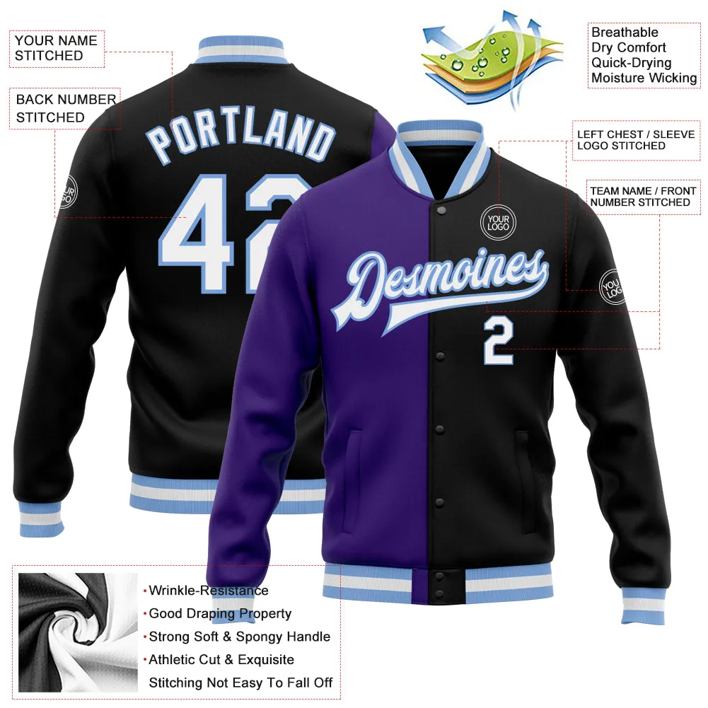 Custom Black White Purple-Light Blue Bomber Full-Snap Varsity Letterman Split Fashion Jacket