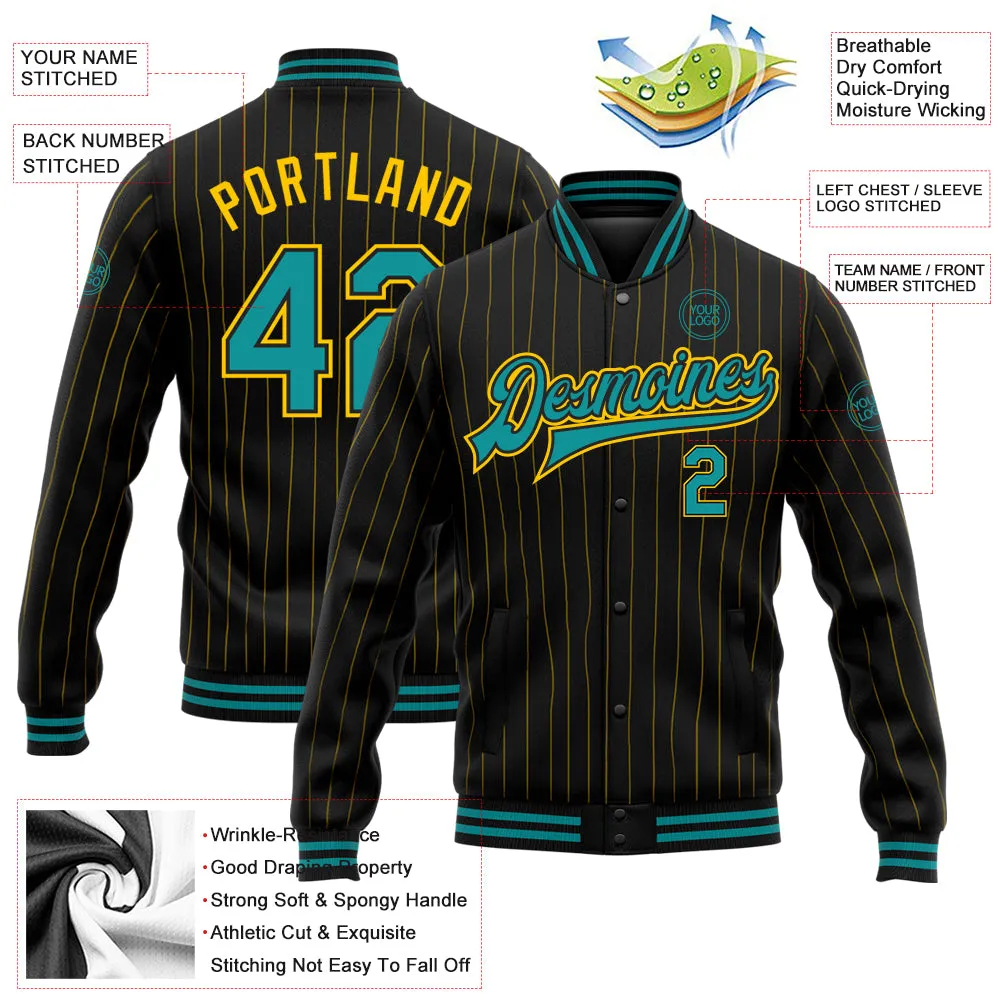 Custom Black Yellow Pinstripe Teal Bomber Full-Snap Varsity Letterman Jacket