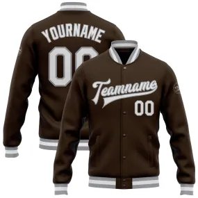 Custom Brown White-Gray Bomber Full-Snap Varsity Letterman Jacket