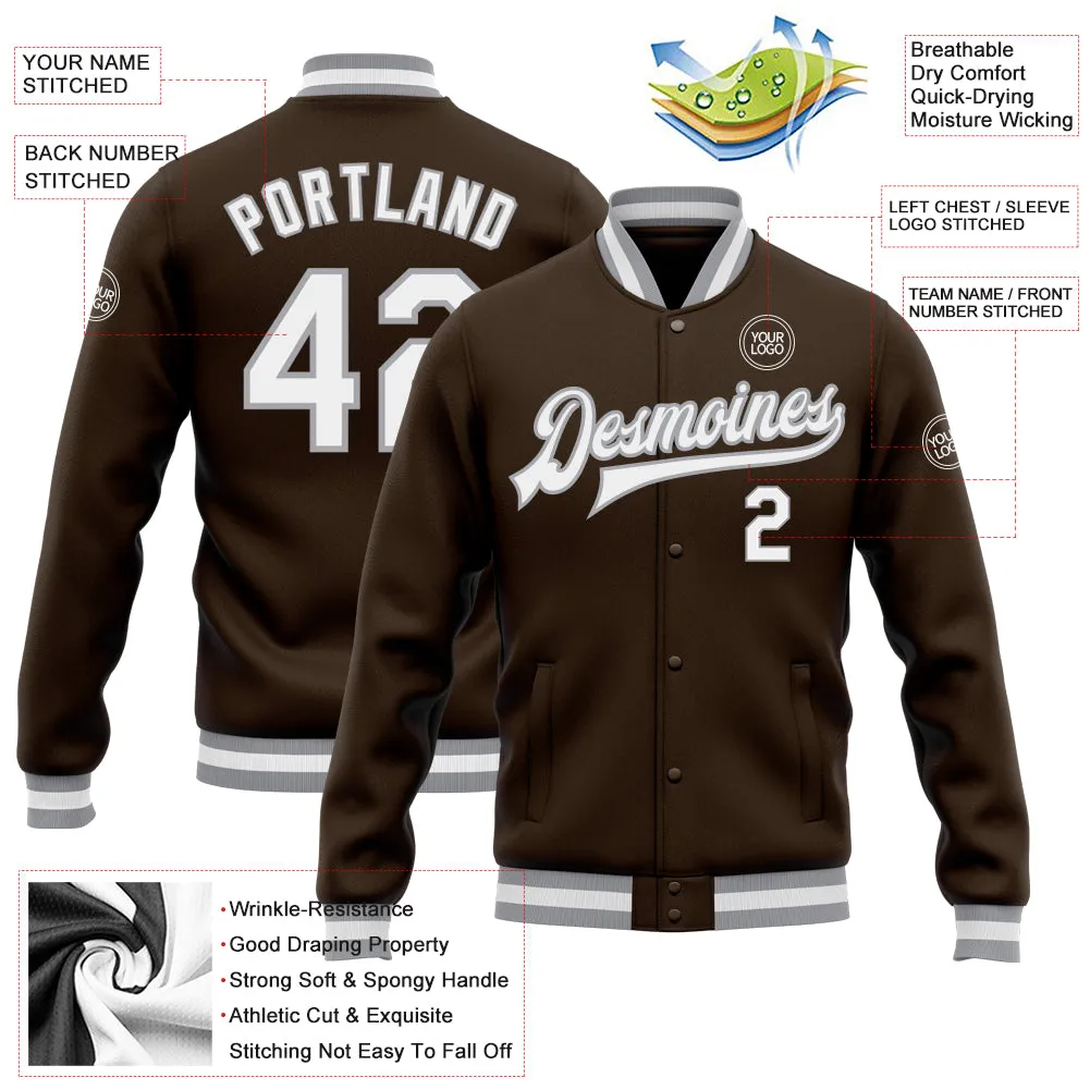 Custom Brown White-Gray Bomber Full-Snap Varsity Letterman Jacket