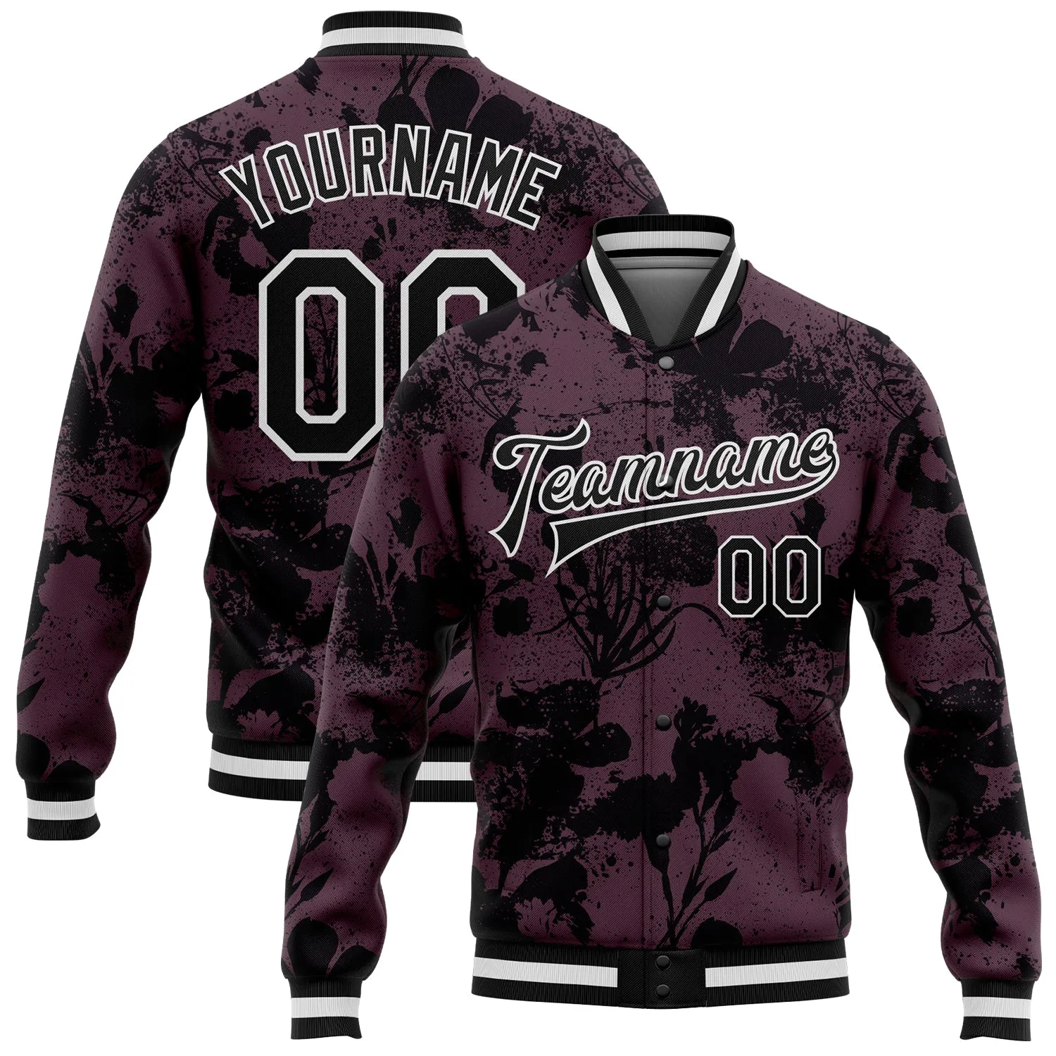 Custom Burgundy Black-White Plant And Flower 3D Pattern Design Bomber Full-Snap Varsity Letterman Jacket