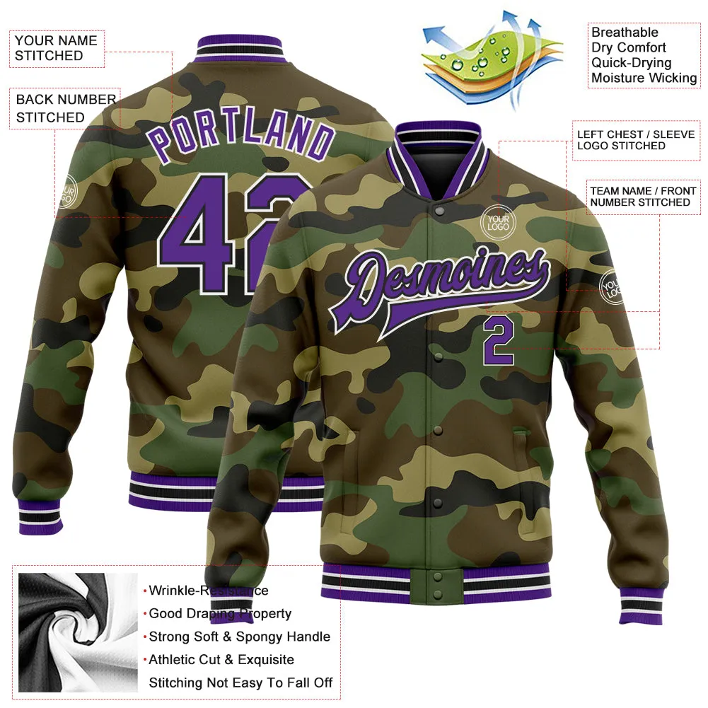 Custom Camo Purple-Black Bomber Full-Snap Varsity Letterman Salute To Service Jacket