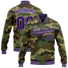 Custom Camo Purple-Black Bomber Full-Snap Varsity Letterman Salute To Service Jacket