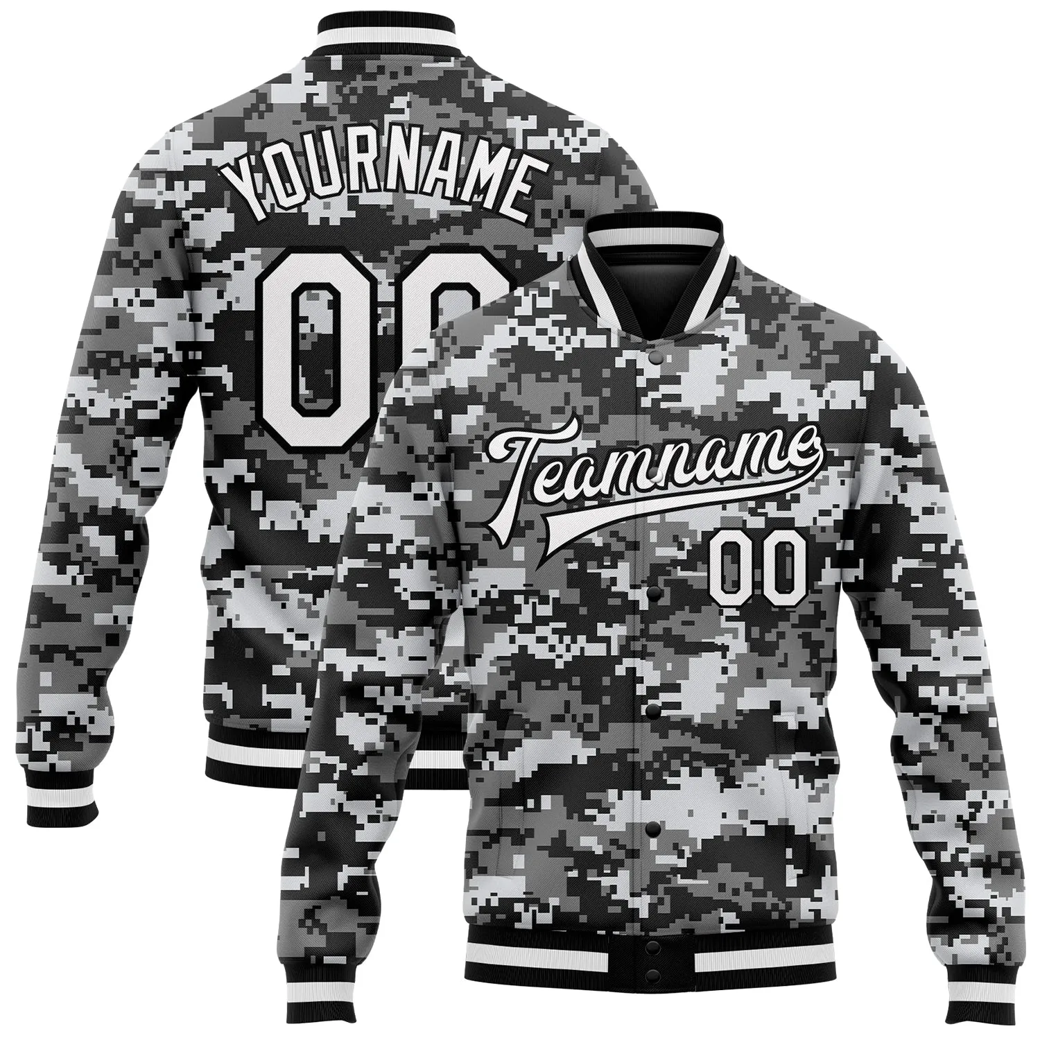 Custom Camo White-Black 3D Bomber Full-Snap Varsity Letterman Salute To Service Jacket