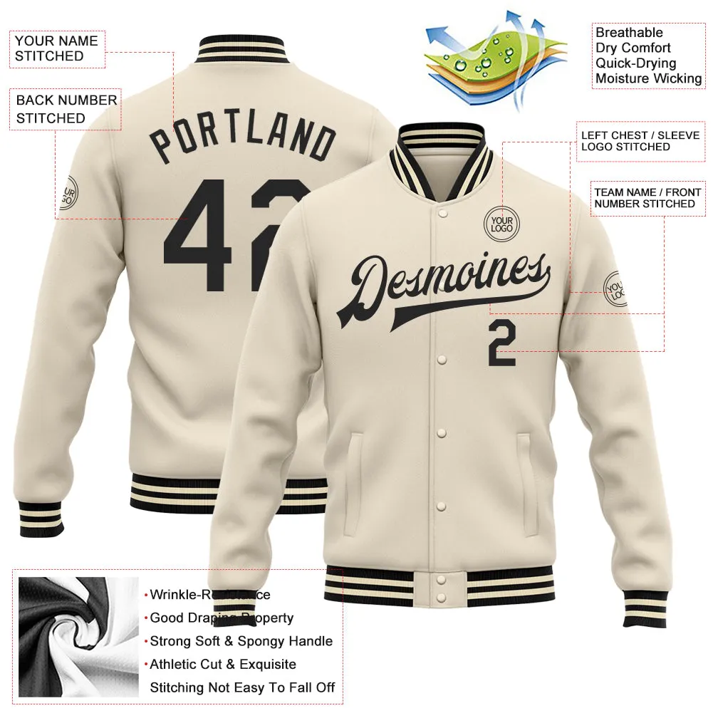 Custom Cream Black Bomber Full-Snap Varsity Letterman Jacket