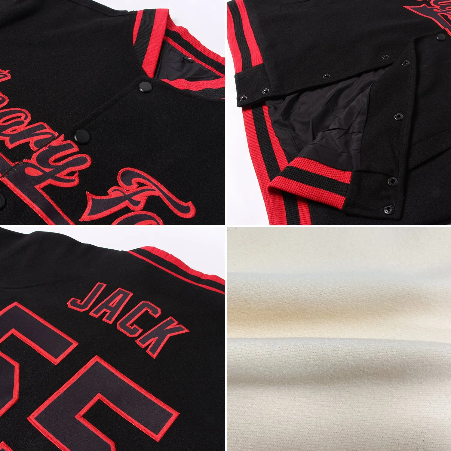 Custom Cream Black Crimson-City Cream Bomber Full-Snap Varsity Letterman Jacket