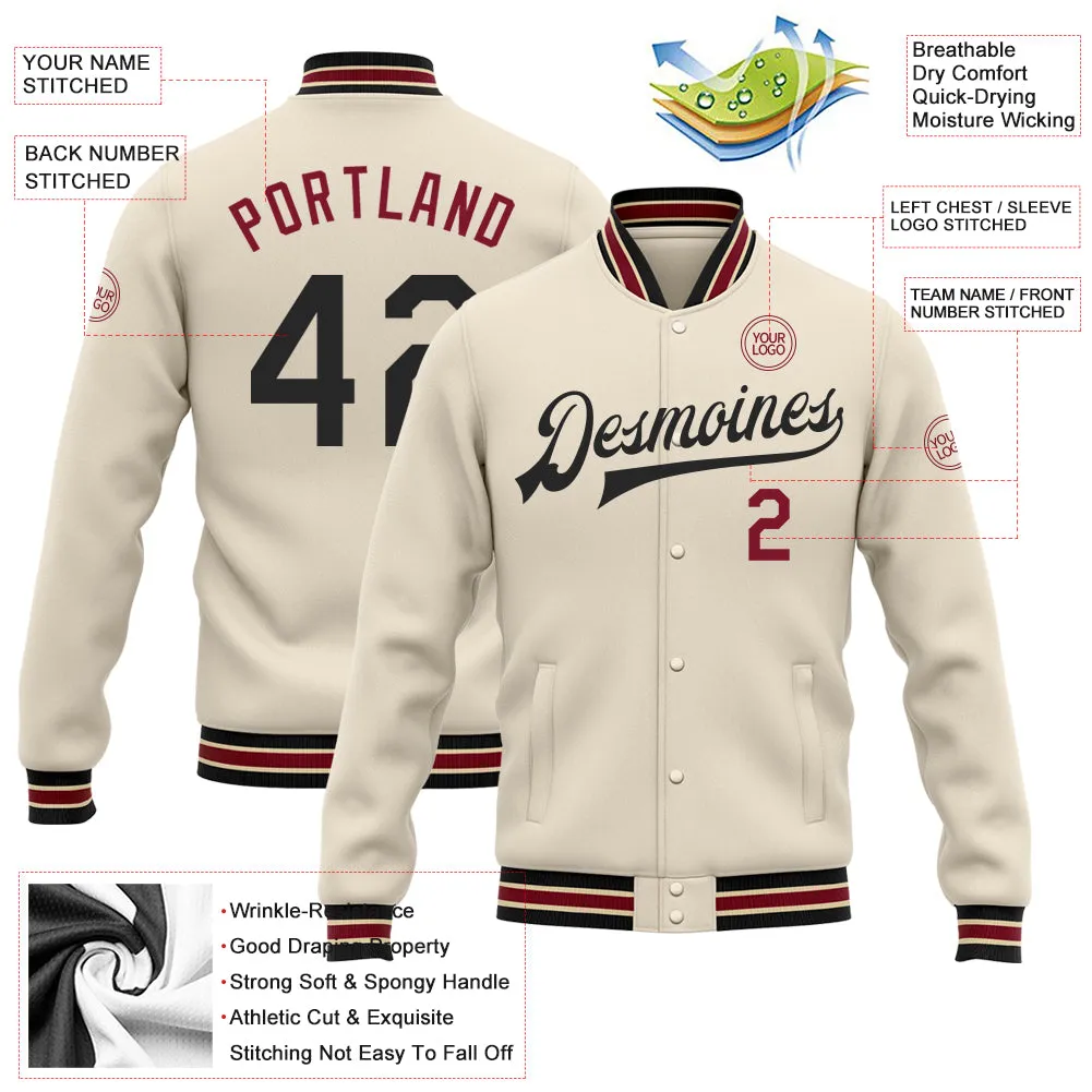 Custom Cream Black Crimson-City Cream Bomber Full-Snap Varsity Letterman Jacket