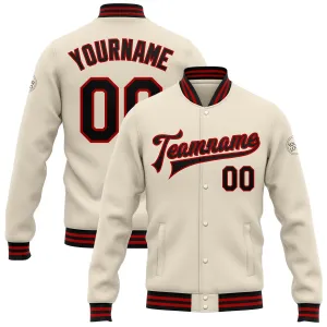 Custom Cream Black-Red Bomber Full-Snap Varsity Letterman Jacket