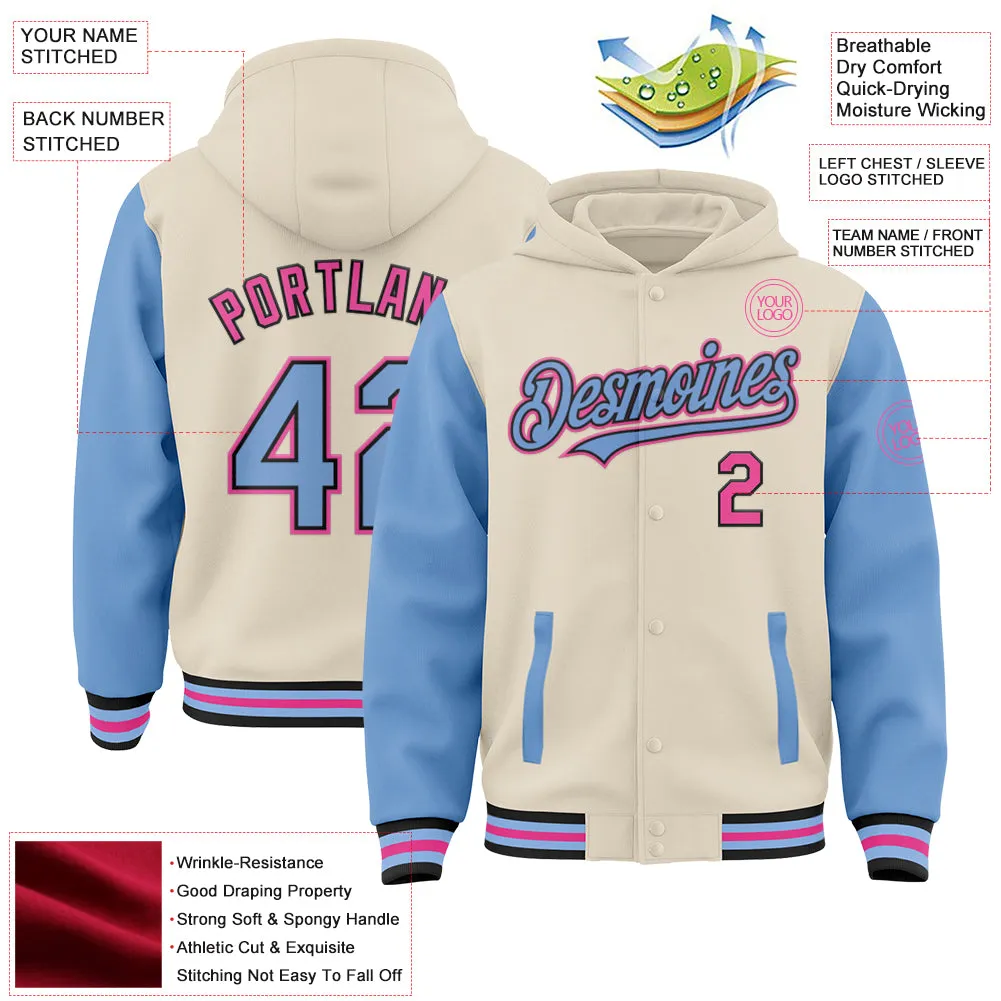 Custom Cream Light Blue Black-Pink Bomber Full-Snap Varsity Letterman Two Tone Hoodie Jacket