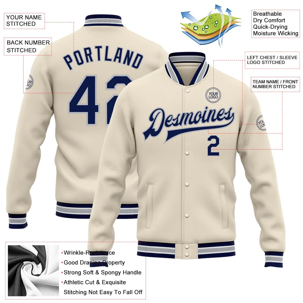 Custom Cream Navy-Gray Bomber Full-Snap Varsity Letterman Jacket