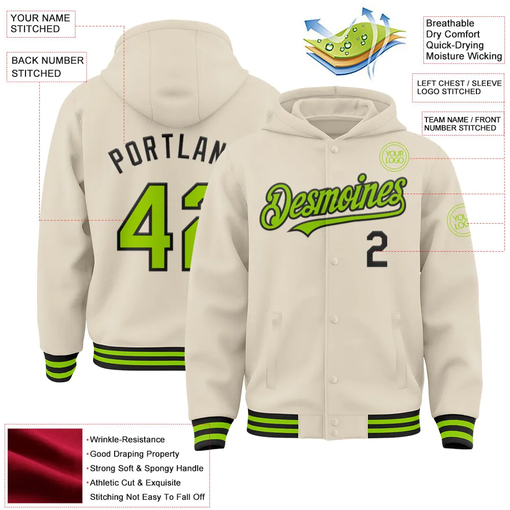 Custom Cream Neon Green-Black Bomber Full-Snap Varsity Letterman Hoodie Jacket